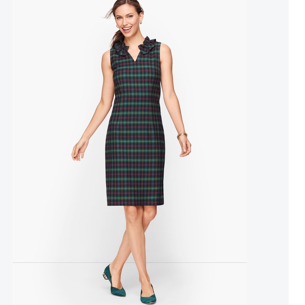 Talbots Womens Wool Blend Shift Dress 16 Green Plaid Ruffle Neck Preppy Fall